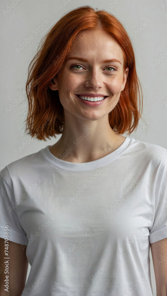 Youthful Freshness: Vertical Portrait of Smiling Redhead Woman in White T-shirt Youthful Freshness: Vertical Portrait of Smiling Redhead Woman in White T-shirt