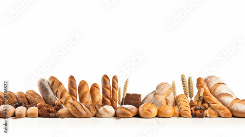 Panorama of fresh bread baguette products isolated on white background photo