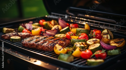 Sunset barbecue with grilled veggies and juicy meat  perfect for a tasty vacation dinner.