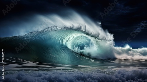 Big Splashing Wave on the Black Sea at Night. Surging Atlantic Action Background with Beach Beauty © Serhii