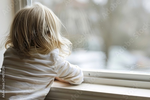 Back view of upset little girl looking at window feeling lonely thinking and waiting for parents,