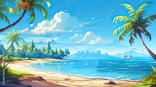 Escape to Paradise: Sandy Tropical Beach with Island, Palm Leaves and Blue Sky © Serhii