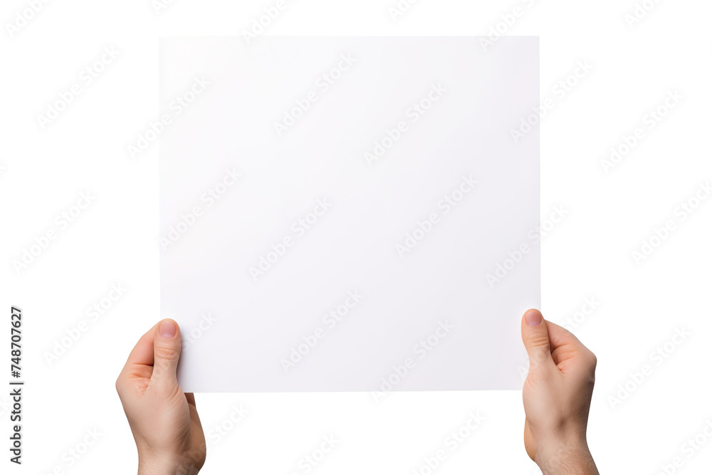 Obraz premium Hand holding blank paper isolated on transparent background Remove png, Clipping Path, pen tool