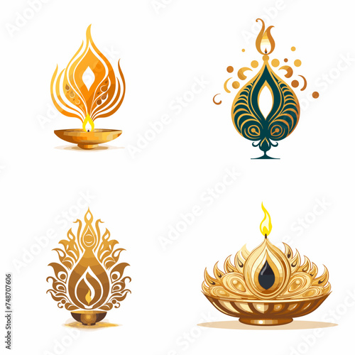 Indian Oil Lamp (Brass Diya with Peacock Design). simple minimalist isolated in white background vector illustration