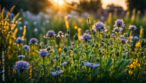 bunte wilde Blumen Kräuter Blüten in einem alten bäuerlichen Garten im Dunst der Morgensonne goldene Stunde mit Strahlen der Sonne in weichem hellen Licht des Frühling Sommer üppige Schönheit Natur