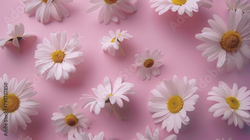 stylish floral flat lay with white daisy chamomile flowers on pale pink background, embodying a modern aesthetic for creative lifestyle enthusiasts in summer and spring concepts
