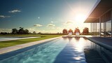 Luxury Lap Pool Soaking in the Sunshine with Modern Architecture and Green Grass Surrounding it for a Relaxing Day Outside