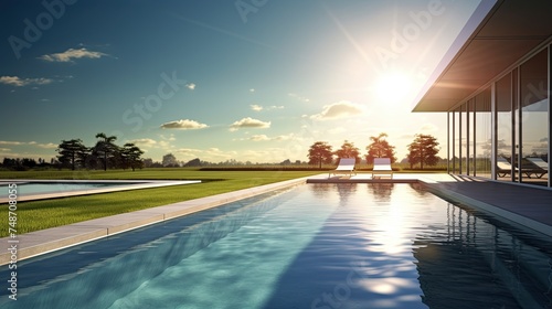 Luxury Lap Pool Soaking in the Sunshine with Modern Architecture and Green Grass Surrounding it for a Relaxing Day Outside © Serhii