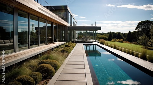 Luxury Lap Pool under a Beautiful Sunshine - Modern Architecture with Deck, Grass and Hot Tub in Absence of Nature on a Hot Day