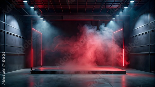 red smoke stage with smoke and fog. neon light. sci fi stage with empty red smoke empty space for your product © night