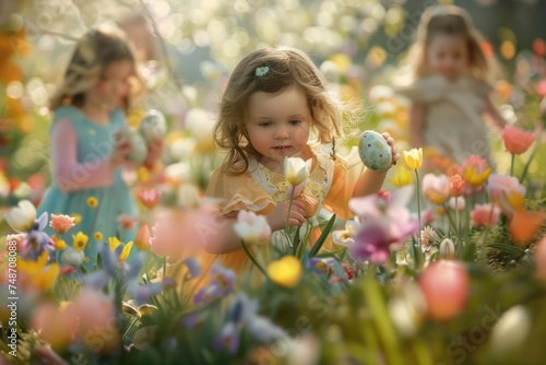 Amidst a blooming garden, children excitedly participate in an Easter egg hunt, discovering hidden treasures among the flowers. The joy and innocence of this traditional Easter activity.