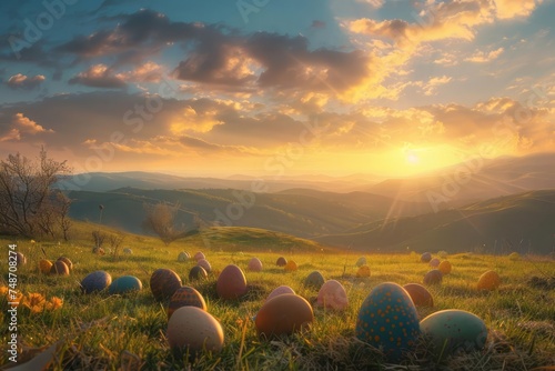 In a serene countryside setting the first light of Easter morning, illuminating a beautifully decorated Easter egg display. The spiritual significance of the sunrise during this joyous occasion.