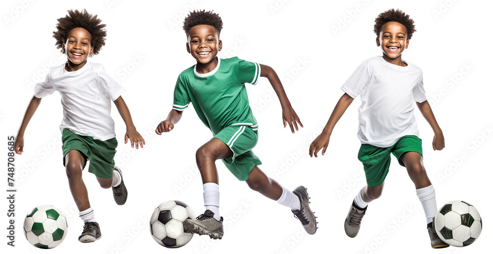 Set of happy young African American football (soccer) players, cut out - obrazy, fototapety, plakaty 