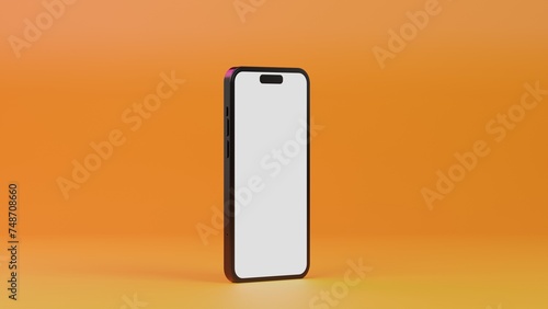 Smartphone with blank white screen on orange backdrop. One mobile phone product isolated on bright background. Advertisement and marketing of new technologies, 3D rendering
