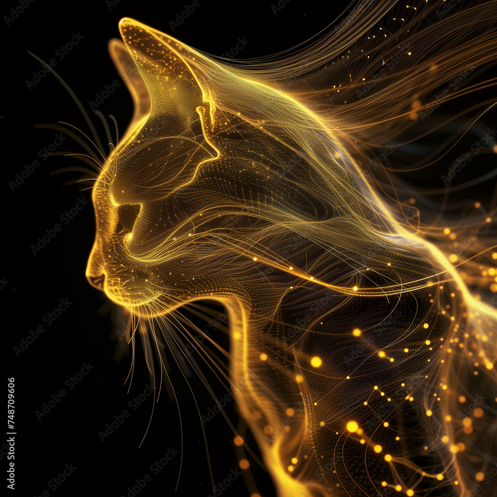 Realistic hologram of a transparent cat. Glowing gold color with a pure radiance.