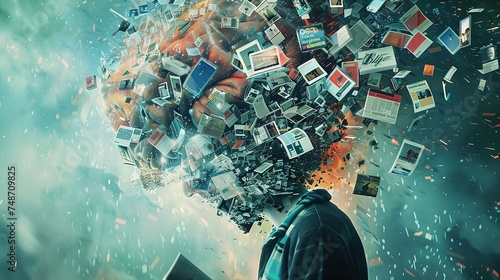 young human brain overwhelmed by explosion of information data, too much media, maximalism, news, social media addiction