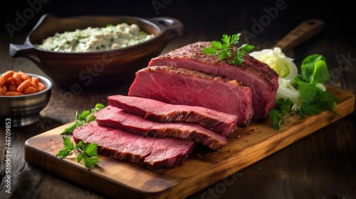 Corned beef cooked and sliced on a cutting board