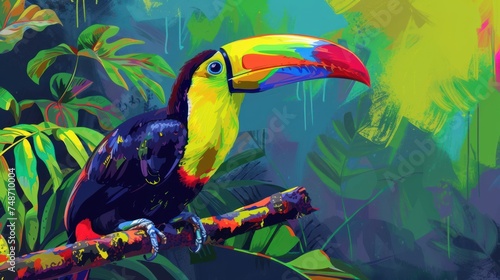a painting of a toucan sitting on a branch in front of a forest of green and yellow leaves.