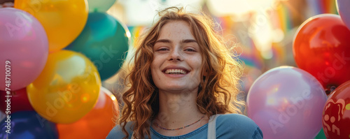 Joyful Woman Surrounded by Colourful Balloons. A young woman smiles joyfully among a multitude of vibrant balloons.