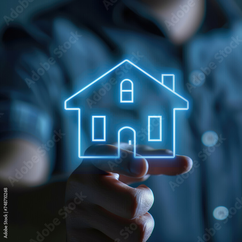 Real estate investment concept. Man touch virtual house icon. interest rate  Investment planning  business real estate. Generative AI