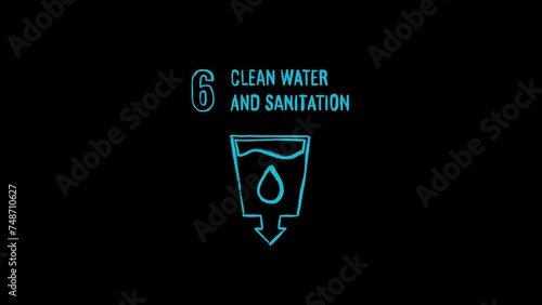 Sustainability, 17 goals, sustainable development;
goal 6, clean water and sanitation, handwritten icon animation photo
