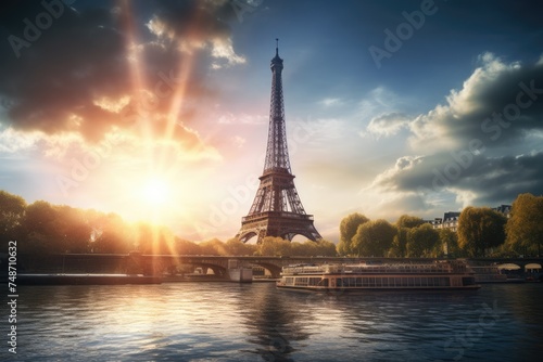 the eiffel tower with boats on the seine © Alexei