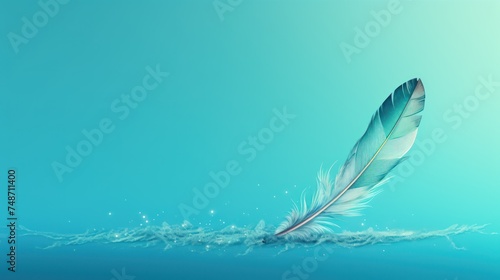 a blue and white feather floating on top of a body of water with a splash of water on the bottom of it. photo