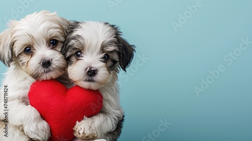 Two Playful Havanese Puppies Sharing a Red Heart on a Light Blue Background, copy space,
