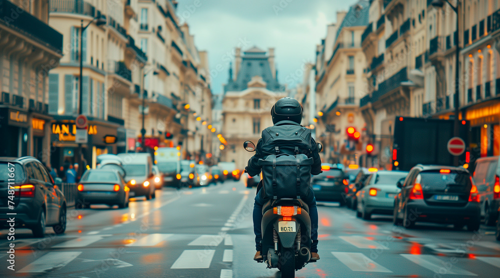 Delivery guy on scooter riding through Paris traffic - obrazy, fototapety, plakaty 
