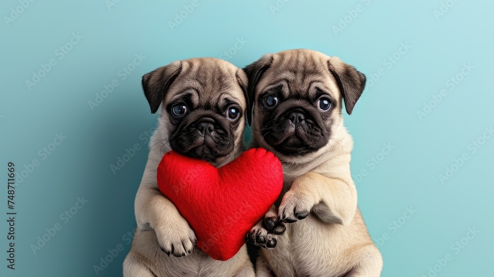 Two adorable Pug puppies cuddling and holding a red heart-shaped plush toy, perfect for Valentine's Day cards or pet product marketing , isolated background,  copy space, 