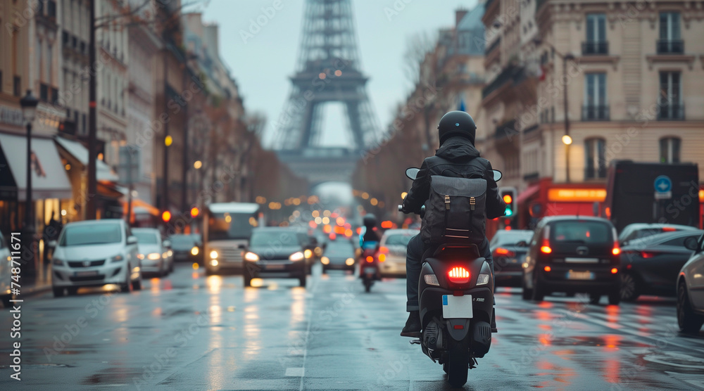 Delivery guy on scooter riding through Paris traffic