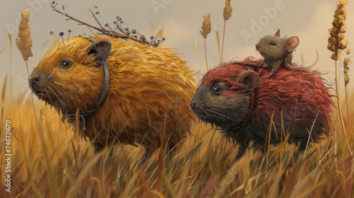 a couple of animals standing on top of a field of tall grass in front of a painting of a bear and a mouse. photo