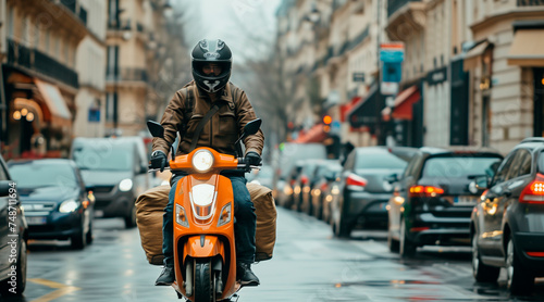 Delivery guy on scooter riding through Paris traffic