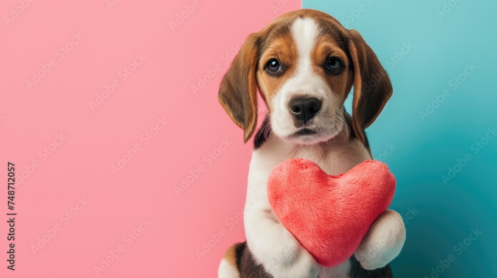 Playful Beagle puppy holding a pink heart-shaped plush toy, perfect for Valentine's Day cards or pet product marketing , isolated  background,  copy space,  