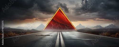 Red warning triangle is on wet road while bad weather, car accident, banner. Generative Ai.