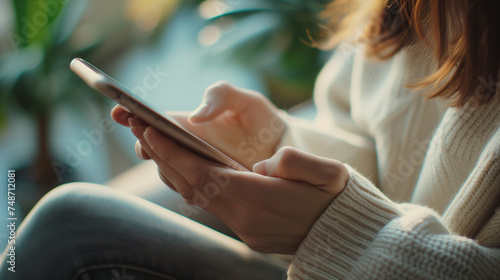 A woman is using her smartphone pressing finger on the screen. She engages with social media, sends messages, browses the internet and makes online purchases. She holds mobile phone with both hands