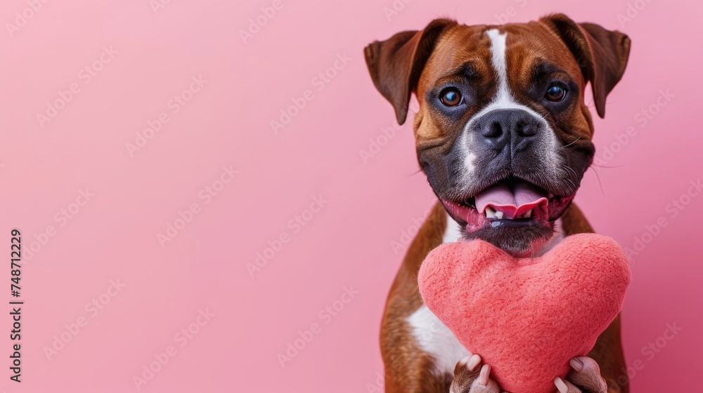 Adorable Adult Boxer dog holding a pink heart-shaped cushion in its paws, perfect for Valentine's Day cards, pet product marketing, or dog lover designs, isolated pink background, copy spac