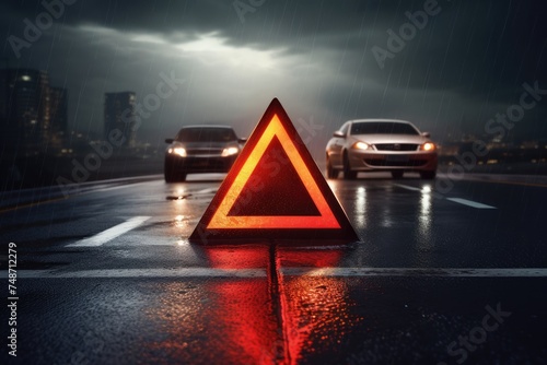 Red warning triangle is on wet road while bad weather car accident Generative Ai