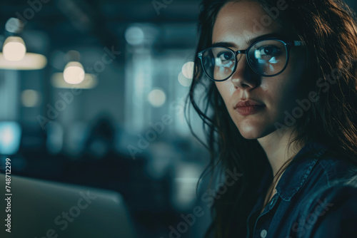 A woman with glasses is looking at a laptop