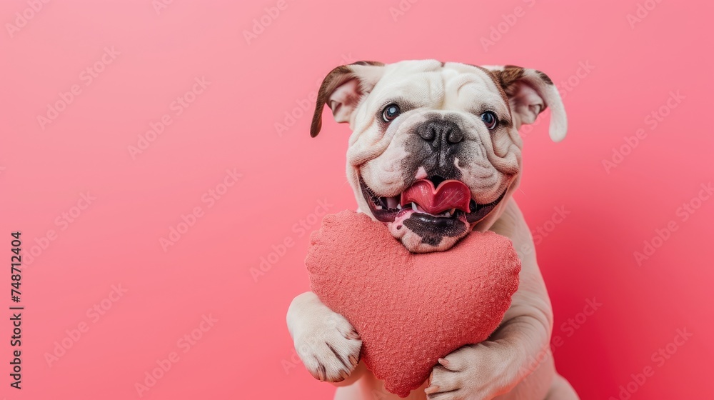 Charming bulldog puppy holding a red heart-shaped pillow with his paws, perfect for Valentine's Day greetings or pet-themed designs, isolated pink background, copy space text, 