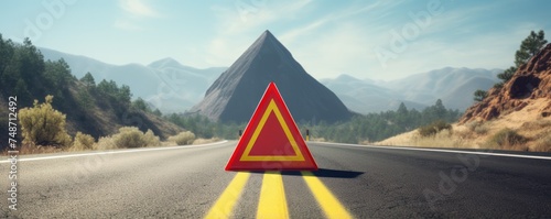 Red warning triangle is on road while good weather, car accident, banner. Generative Ai.