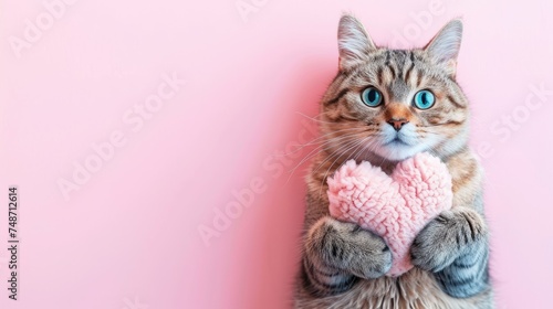 Playful cat with blue eyes holding a pink heart-shaped toy, ideal for Valentine's Day cards or pet product promotions or cat lovers, isolated background, copy space text, 