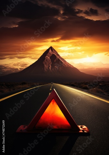 Red warning triangle is on wet road while bad weather car accident Generative Ai