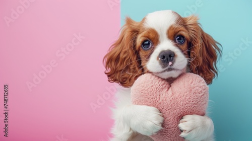 Adorable Cavalier King Charles Spaniel Dog Holding Pink Heart Plush Toy - Isolated Background  copy space  © Azlan Art 