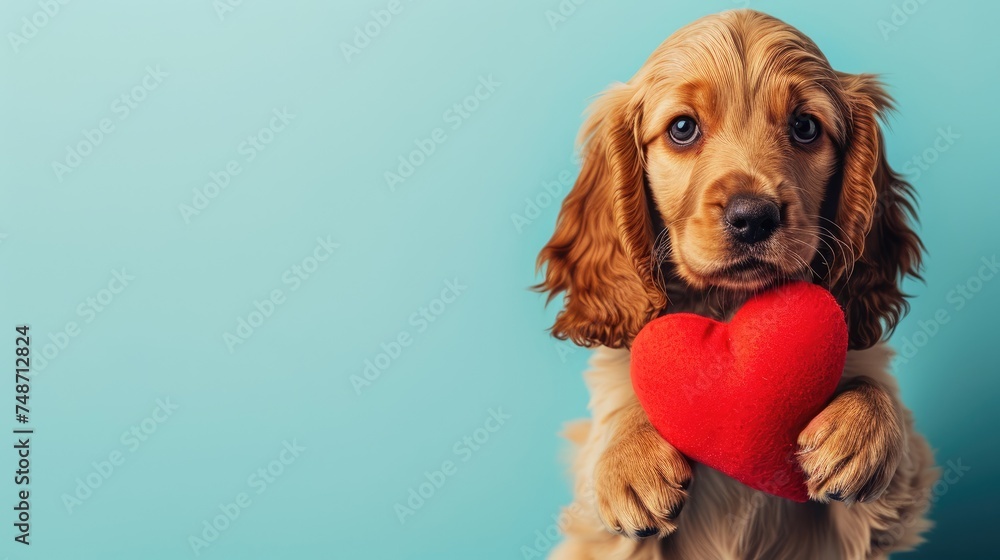 Adorable brown Cocker Spaniel Puppy Holding Red Heart Plush Toy - Valentine's Day, Birthday , isolated background,  copy space,