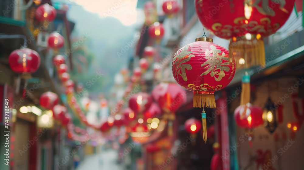 Naklejka premium Chinese new year festive background with red decoration Generative AI