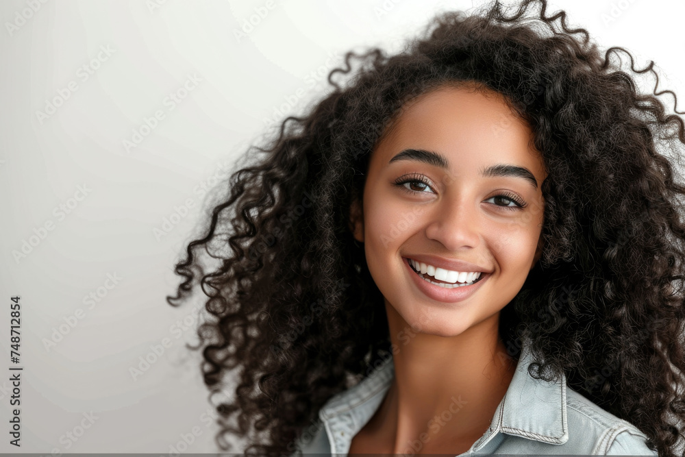 A woman with curly hair is smiling and wearing a denim jacket A woman with curly hair is smiling and wearing a denim jacket