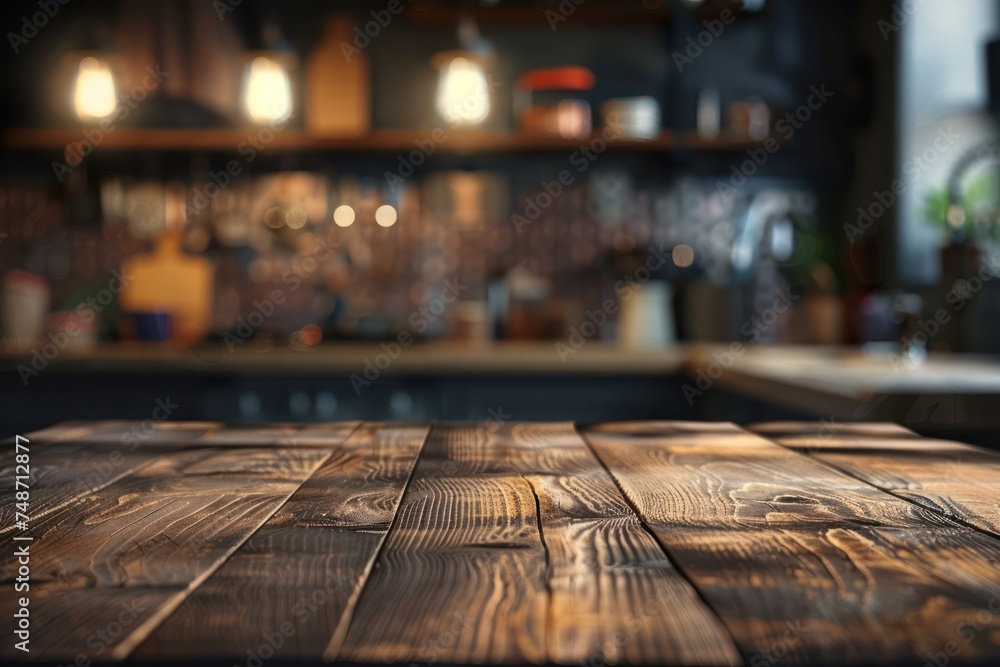 Wooden tabletop over defocused kitchen background Wooden tabletop over defocused kitchen background