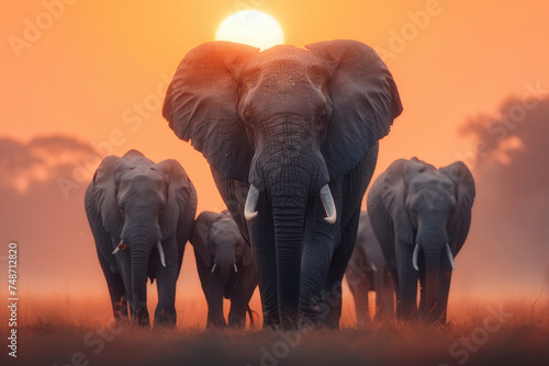 A group of elephants walking together in a field with the sun in the background © Alexandr