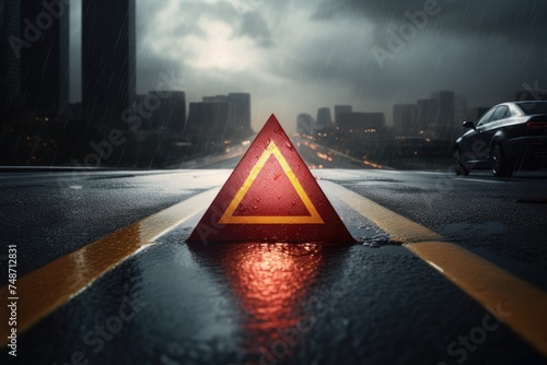 Red warning triangle is on wet road while bad weather, car accident. Generative Ai.